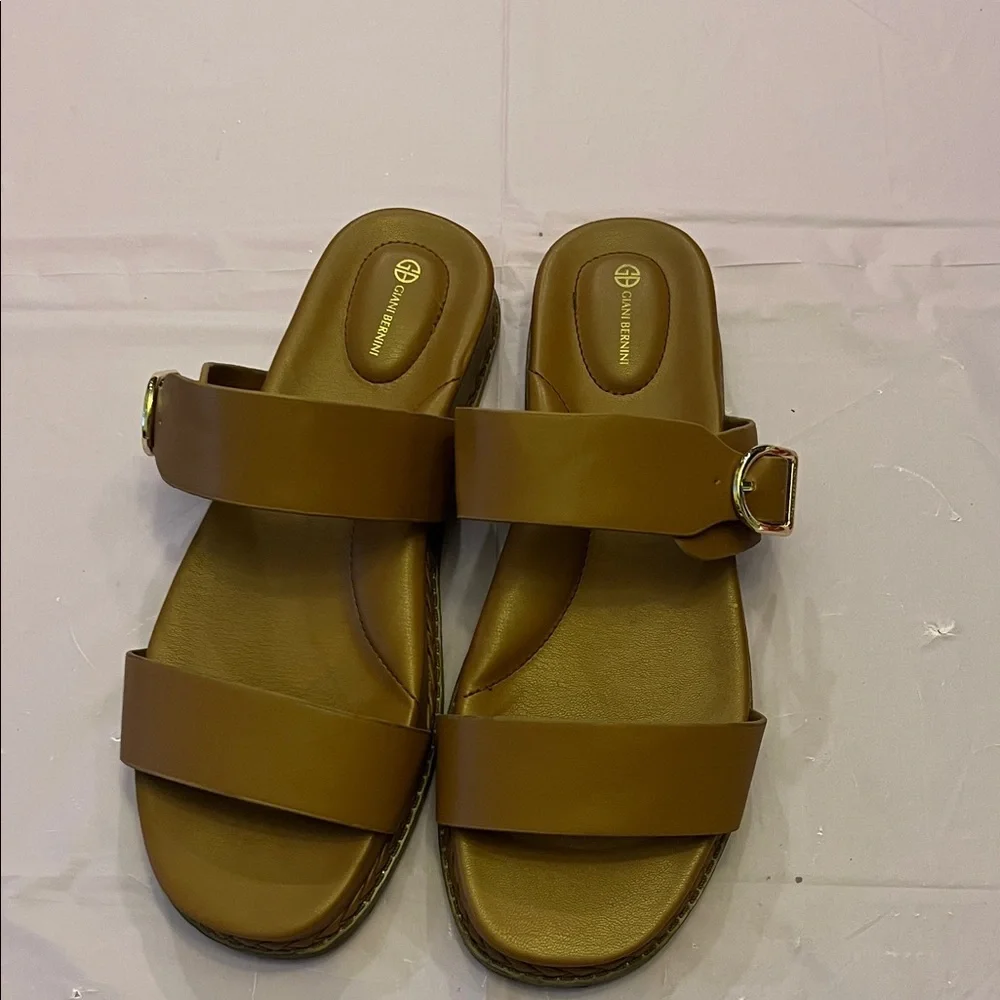 Giani Bernini Cognac Brown Double-Strap Slide Sandals with Gold Buckle Size 9